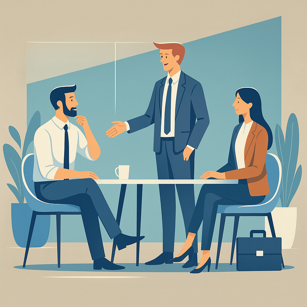 Illustration of three business professionals in a formal meeting setting, with one standing and gesturing while two others sit at a table, symbolizing a job interview, team discussion, or onboarding process.