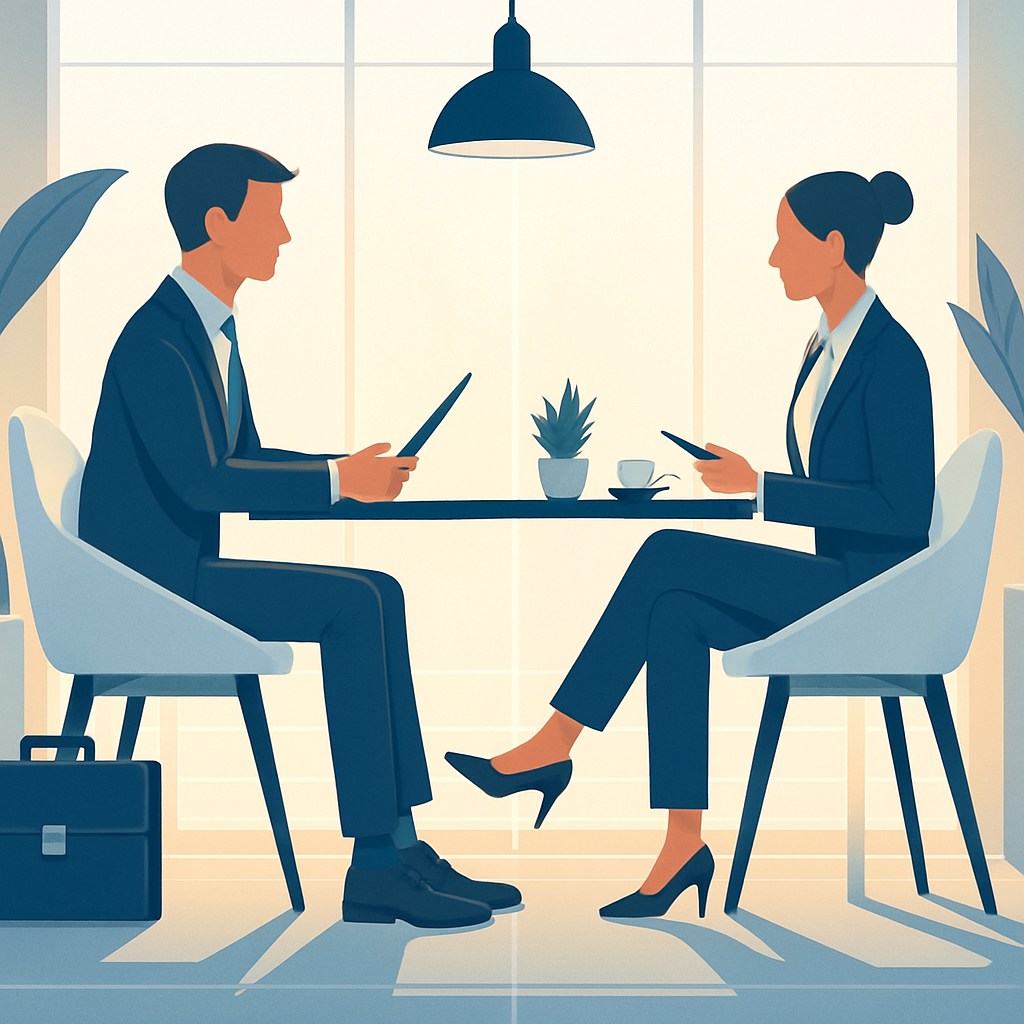 Two professionals in formal business attire discussing strategy at a modern office table using digital tablets