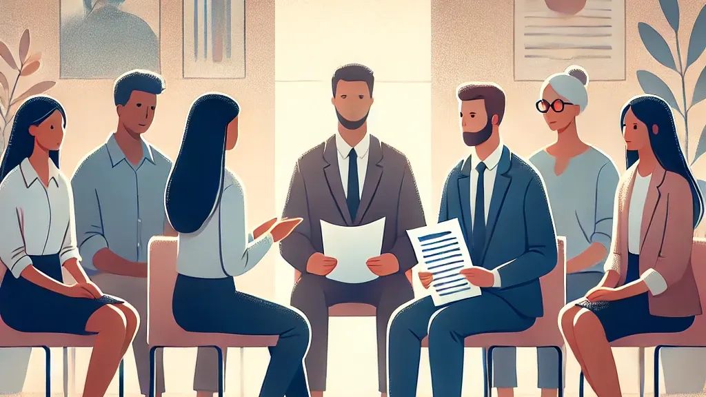 Illustration of a group of professionals sitting in a semi-circle, holding documents and discussing ideas, representing a corporate team meeting or brainstorming session in a modern office setting.