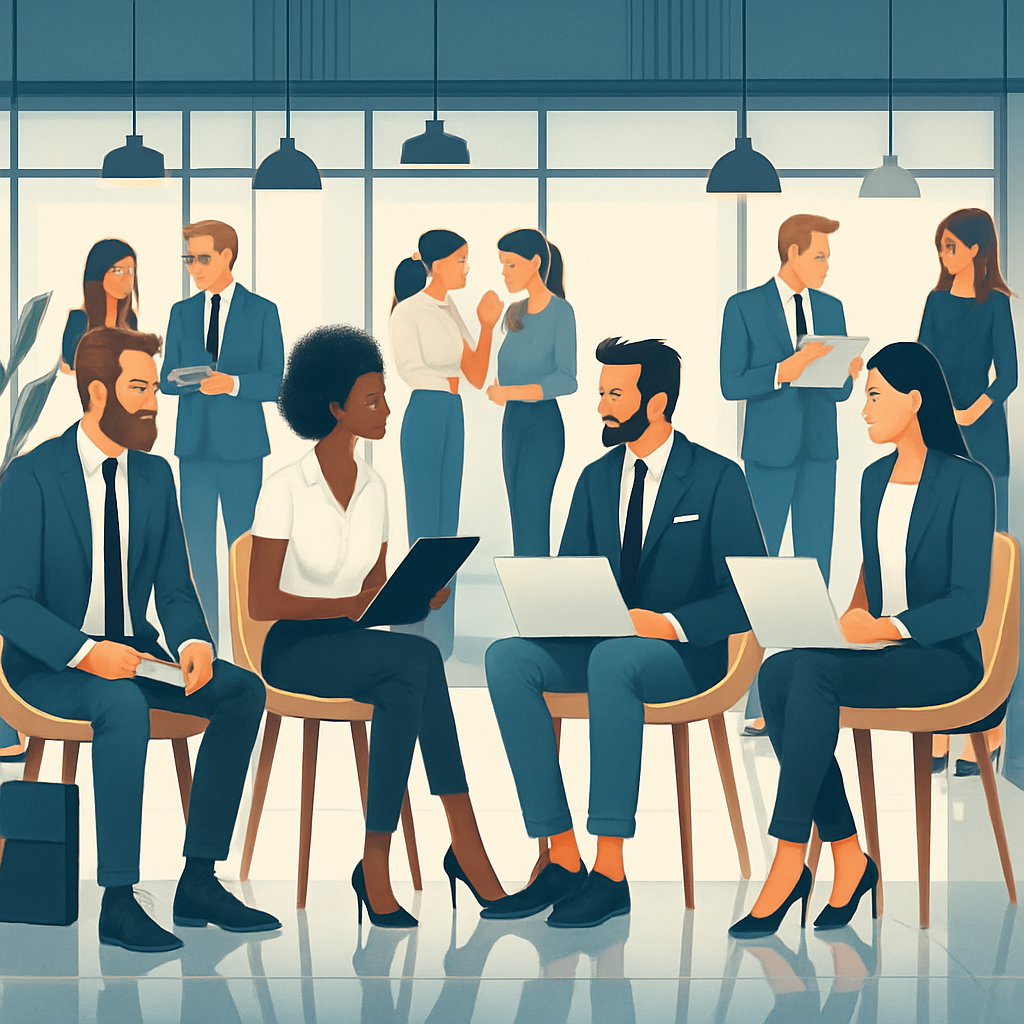 Visual representation of a centralized collaboration hub where diverse teams connect, share data, and engage in real-time communication around a digital platform or roundtable.