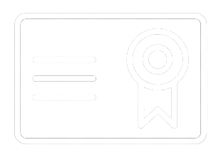 Line art icon of a certificate with a circular badge ribbon on the right, symbolizing certification or achievement.