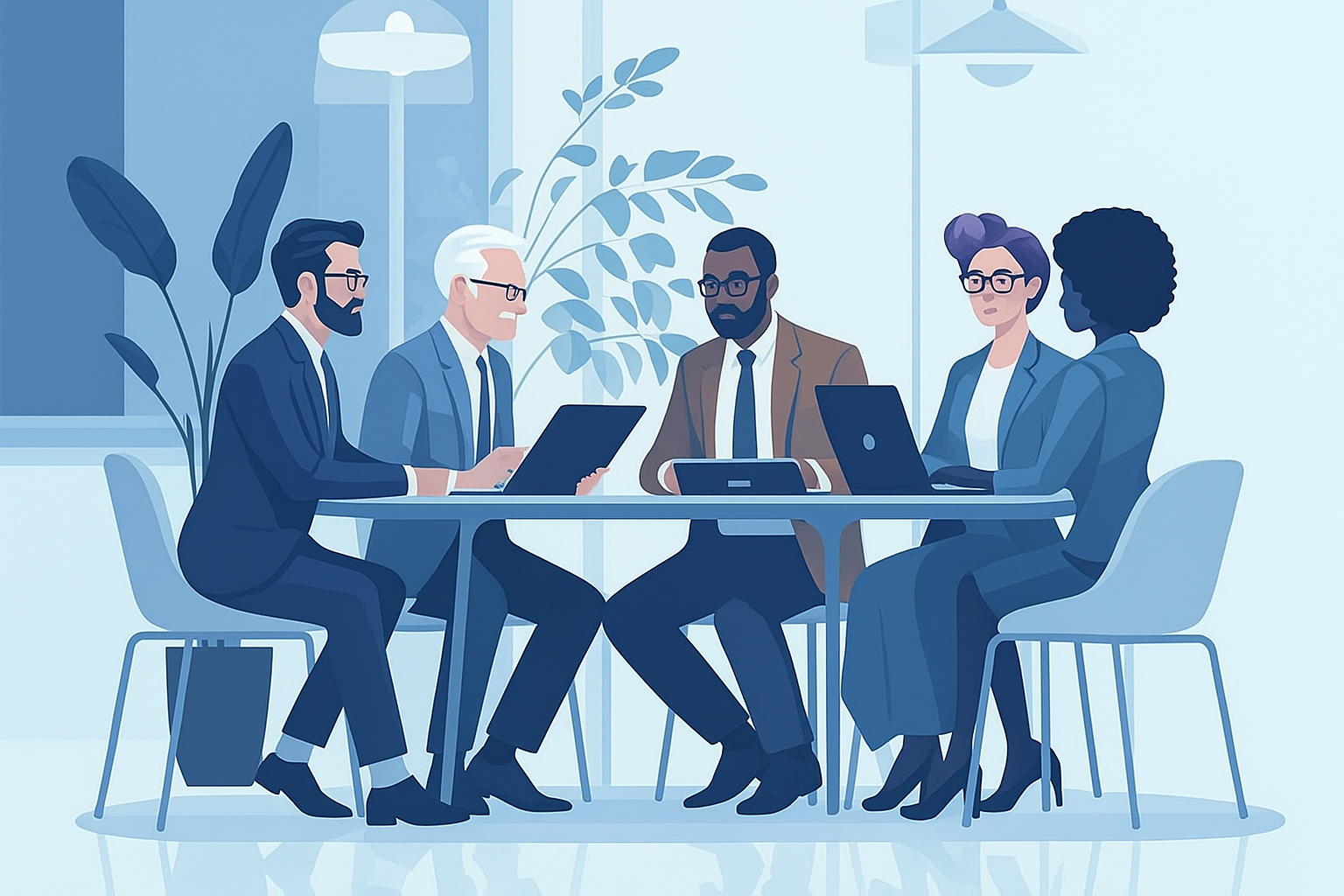 Illustration of a diverse group of business professionals sitting around a conference table with laptops and tablets, engaged in a corporate strategy or planning meeting in a modern office environment.