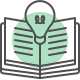 Icon of an open book with a light bulb above it, symbolizing knowledge, learning, innovation, or educational ideas.