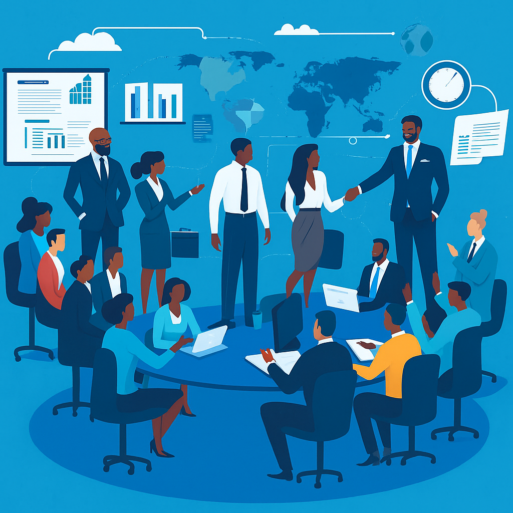 Illustration of a diverse group of professionals in a global business meeting, seated and standing around a conference table with laptops and charts, shaking hands and discussing strategy, with world map and analytics visuals in the background.