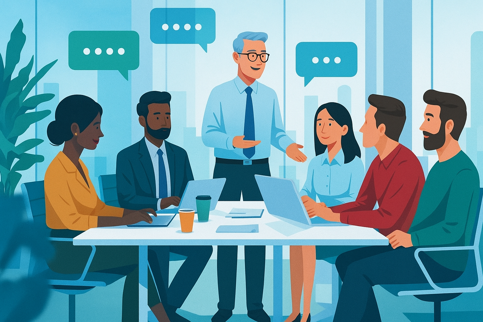 Illustration of a diverse professional team in discussion around a table, symbolizing internal communication, news sharing, and newsletter updates within an organization.